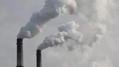 Factory chimneys smoking with dense white smoke. Stock Footage 125551416