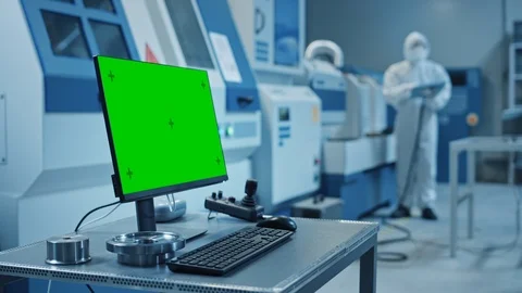 Factory Cleanroom: On the Desk Personal Computer Showing Green Screen Chroma Key Stock Footage 126152314