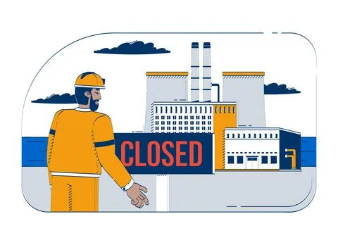 Factory closed with disappointed worker doodle cartoon illustration Stock Illustration