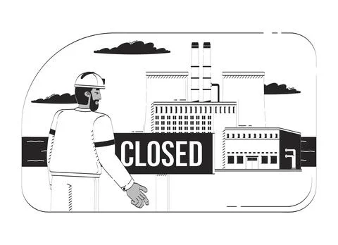 Factory closed with disappointed worker doodle lineart illustration Stock Illustration
