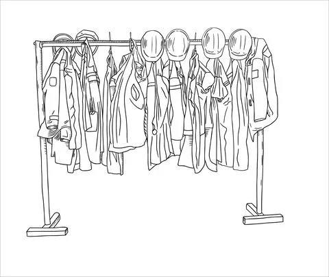 Factory clothes gowns, jerseys and helmets hanging on a hanger Stock Illustration