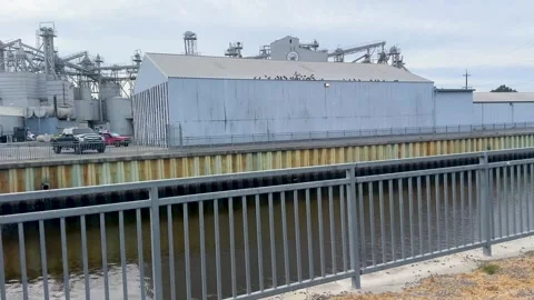 Factory Complex by a River with Fence Stock Footage 289401273