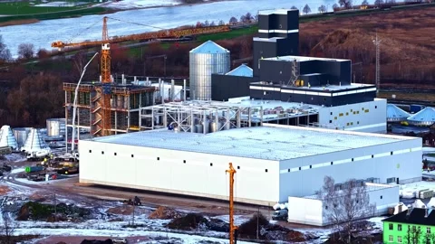 Factory construction site aerial parallax Latvia winter morning Stock-Footage 327497174