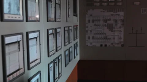 Factory control room track along dials Stock Footage 255451276