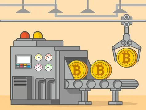 Factory conveyor bitcoin cryptocurrency mining. Golden coin. 스톡 일러스트