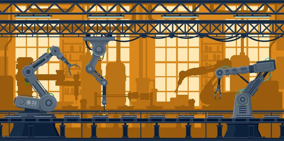 Factory conveyor line, computer robots technology Illustrazione stock