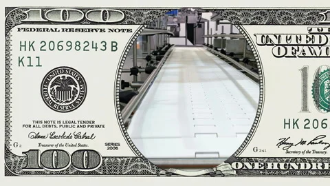 Factory conveyor line in frame of 100 dollar bill Stock Footage 96343953