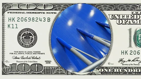 Factory conveyor line in frame of 100 dollar bill Stock Footage 96725166