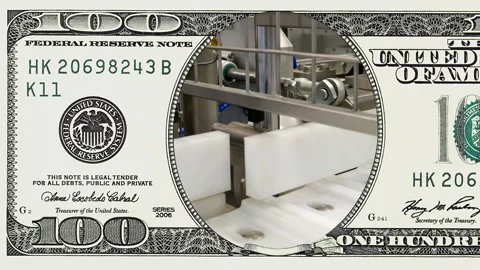 Factory conveyor line in frame of 100 dollar bill Stock-Footage 97000552