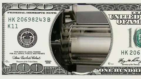 Factory conveyor line in frame of 100 dollar bill Stock Footage 97197179