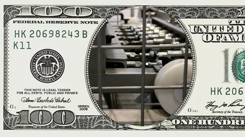 Factory conveyor line in frame of 100 dollar bill Stock Footage 97473476