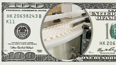 Factory conveyor line in frame of 100 dollar bill Stock-Footage 97473696