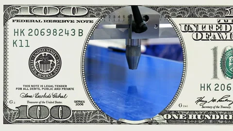 Factory conveyor line in frame of 100 dollar bill Stock Footage 97599671