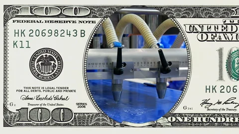 Factory conveyor line in frame of 100 dollar bill Stock Footage 97599893