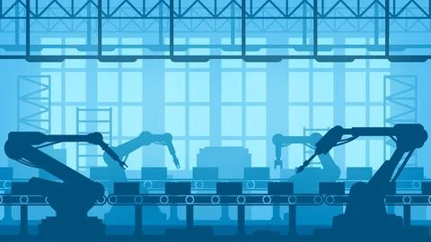 Factory conveyor line robots, technology industry Stock Illustration