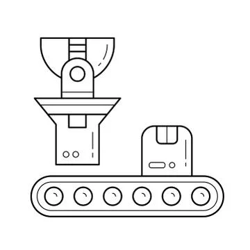 Factory conveyor loading parcel vector line icon. Stock Illustration