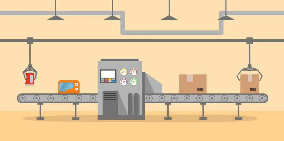 The factory conveyor on packing in flat style. Conveyor Automatic Production  Stock Illustration