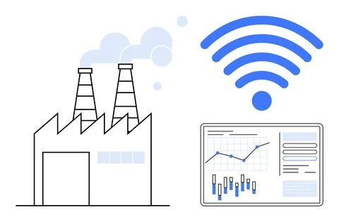 Factory with Data Analytics Tablet and wireless Connectivity Emphasizing In.. Stock Illustration
