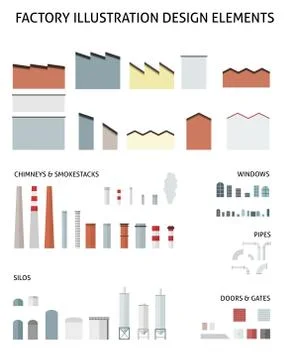 Factory design elements - vector industrial icon set and object collection. Ilustración de archivo