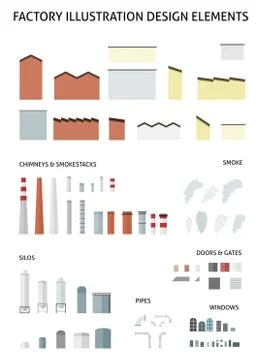 Factory design elements - vector industrial icon set and object collection. Stock Illustration