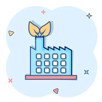 Factory ecology icon in comic style. Eco plant cartoon vector illustration on Ilustración de archivo