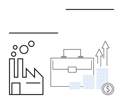Factory emitting bubbles, a briefcase, and rising graph with stacked coins. I Stock Illustration