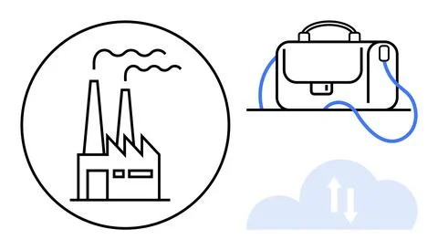 Factory emitting smoke, briefcase with a strap, and a cloud with data trans.. イラスト素材