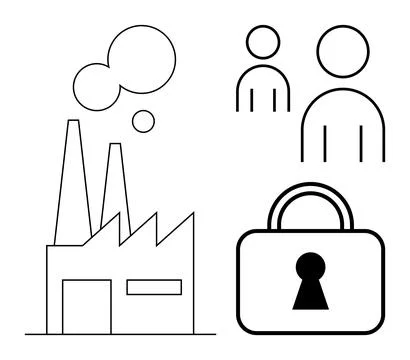 Factory emitting smoke from chimneys, two human figures, and padlock with key Stock Illustration