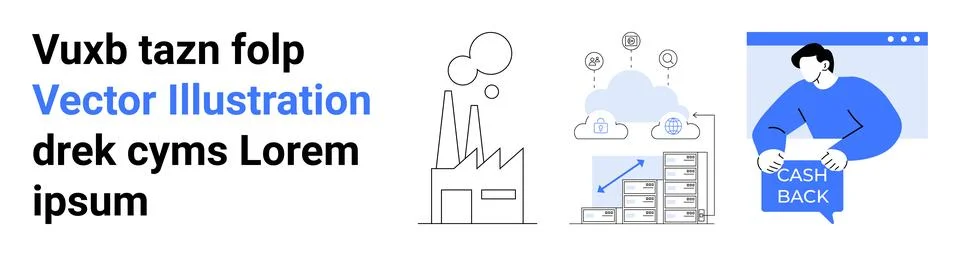 Factory emitting smoke, cloud with data points, bar chart and storage, person Illustrazione stock