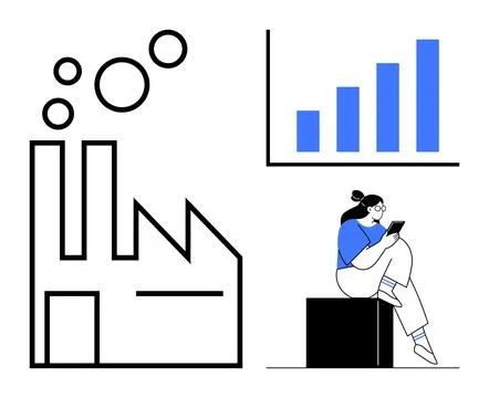 Factory emitting smoke, person using tablet, and growing bar chart indicati.. Stock Illustration