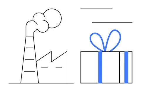 Factory emitting smoke from a stack next to a gift box with blue ribbon. Idea 库存插图