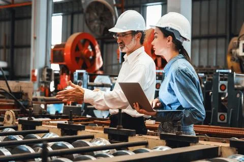 Factory engineer with assistant using laptop inspect factory. Exemplifying Foto stock