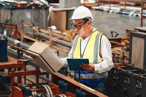 Factory engineer with assistant using laptop inspect factory. Exemplifying Foto stock