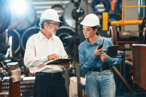 Factory engineer with assistant using laptop inspect factory. Exemplifying Stock Photos