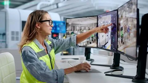 Factory Engineer Carefully Monitors Semiconductor Production Line Using SCADA Stock Photos