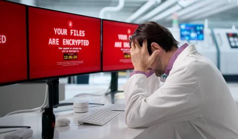 Factory Engineer Looks Shocked While Checking Computer After Ransomware Attac Stock Photos