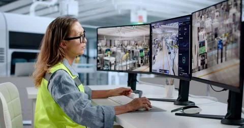 Factory Engineer Monitors Semiconductor Production Line Using SCADA Software. Foto stock
