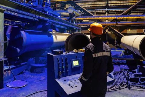 Factory engineer operates pipe painting automatic machine Stock Photos