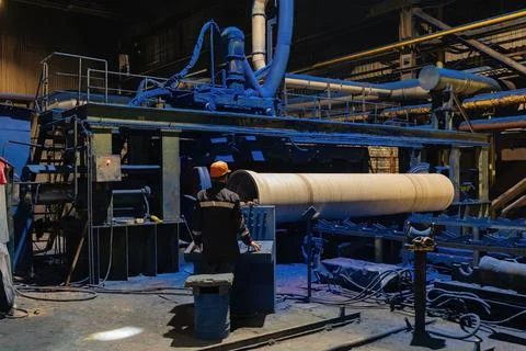Factory engineer operates pipe painting automatic machine Stock Photos