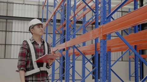 Factory engineer or staff active checking goods on shelves in warehouse. Stock Footage 159533741