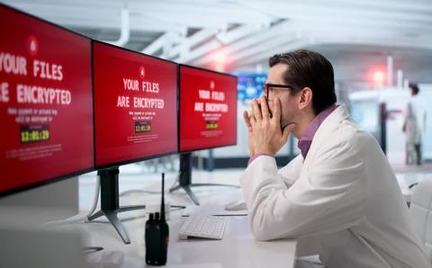 Factory Engineer Stares In Shock At Computer After Ransomware Attack Happened Stock Photos
