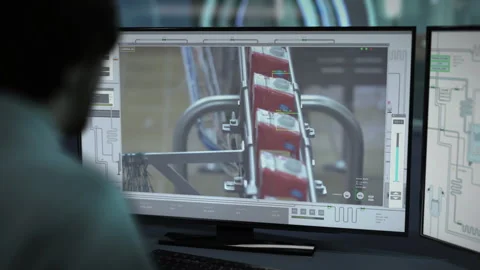 Factory Engineer Uses Production Line Software To Control Factory Machinery Stock Footage 270223492