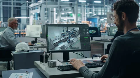 Factory Engineer Works On Computer 3D CAD Software Stock Footage 295812307