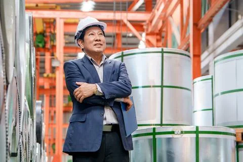 Factory Engineering Manager Overseeing Steel Coil Inventory and Manufacturi.. Stock-Fotos