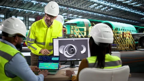 Factory Engineering Team Reviewing Jet Engine Stock Footage 331154344