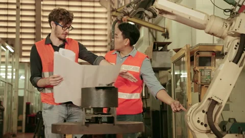Factory engineers are discussing and explaining the operation of the robotic arm Stock Footage 154187161