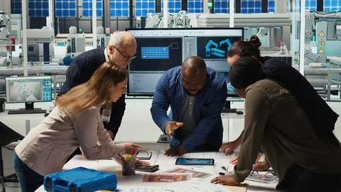 Factory engineers refining production layouts using tablet Stock Photos