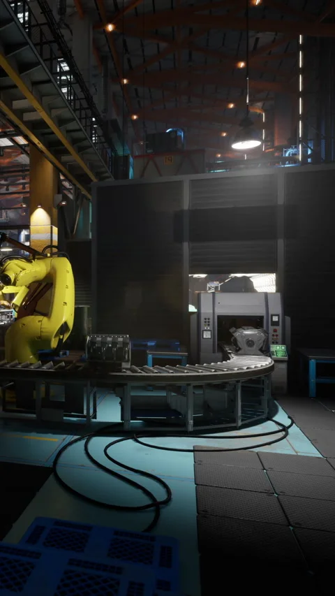 Factory equipment in a manufacturing space with robotic arm and machines Stock Footage 342149786