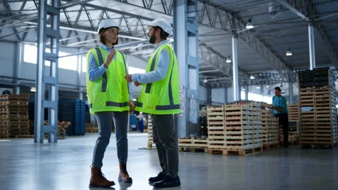 Factory experts discussing manufacturing process analysing distribution logistic Stock Footage 169890600