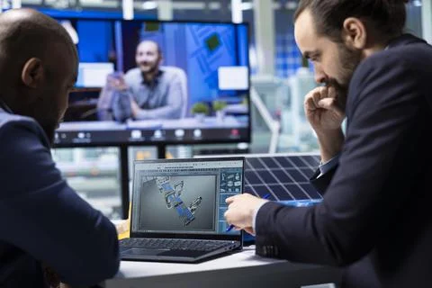 Factory experts in videocall use software to optimize factory production layouts Stock Photos